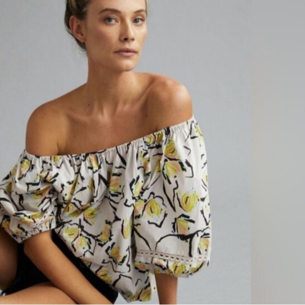 Velvet graham and Spencer, pink, black and yellow floral print puff sleeve top M